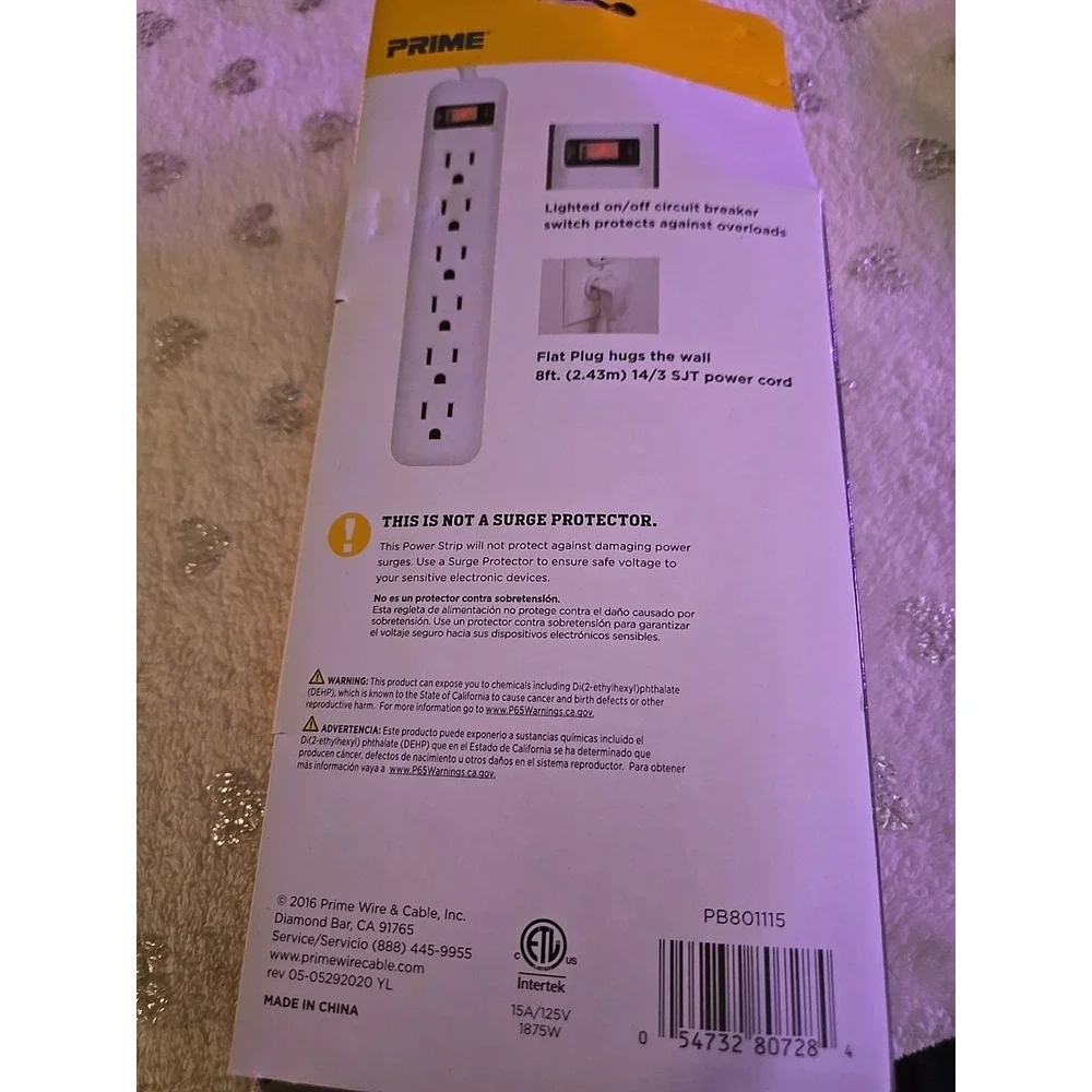 PB801115 6-Outlet‎ Power Strip with 14-3 SJT 8-Feet Cord,White